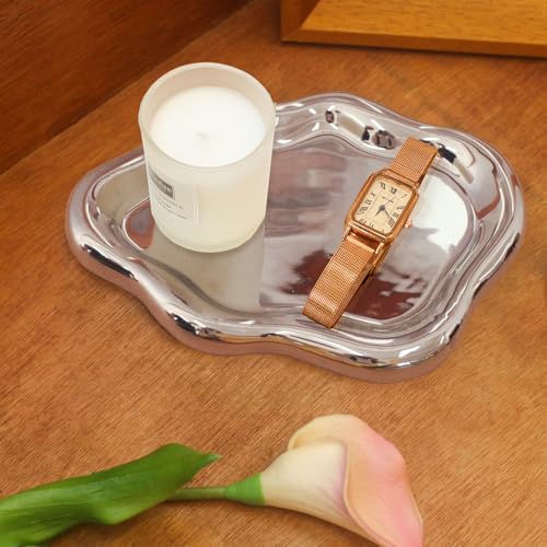 Image of CCINPPY Ceramic Jewelry Tray Trinket Dish, Decorative Cloud Vanity Key Tray for Women, Ring Holder Dish, Cute Jewelry Plate Bowl Room Decor Aesthetic, Silver, Large
