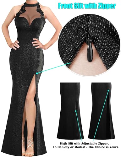 Image of VFSHOW Womens Formal Sexy Halter High Slit Prom Wedding Guest Maxi Dress 2023 Illusion Sweetheart Neckline Evening Long Gown
