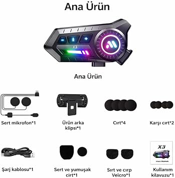 Coofbe Çift Telefon Bağlantılı Su Geçirmez 500Mah Bt6.0 Motosiklet Kask Kulaklığı İntercom Rgb Işıklı İnterkom Kulaklık
