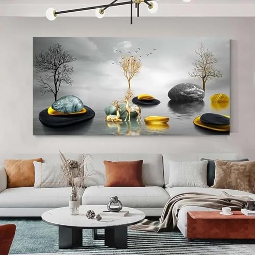 Affiche arbre riche doré Feng Shui, paysage de cerf et pierre porte-bonheur