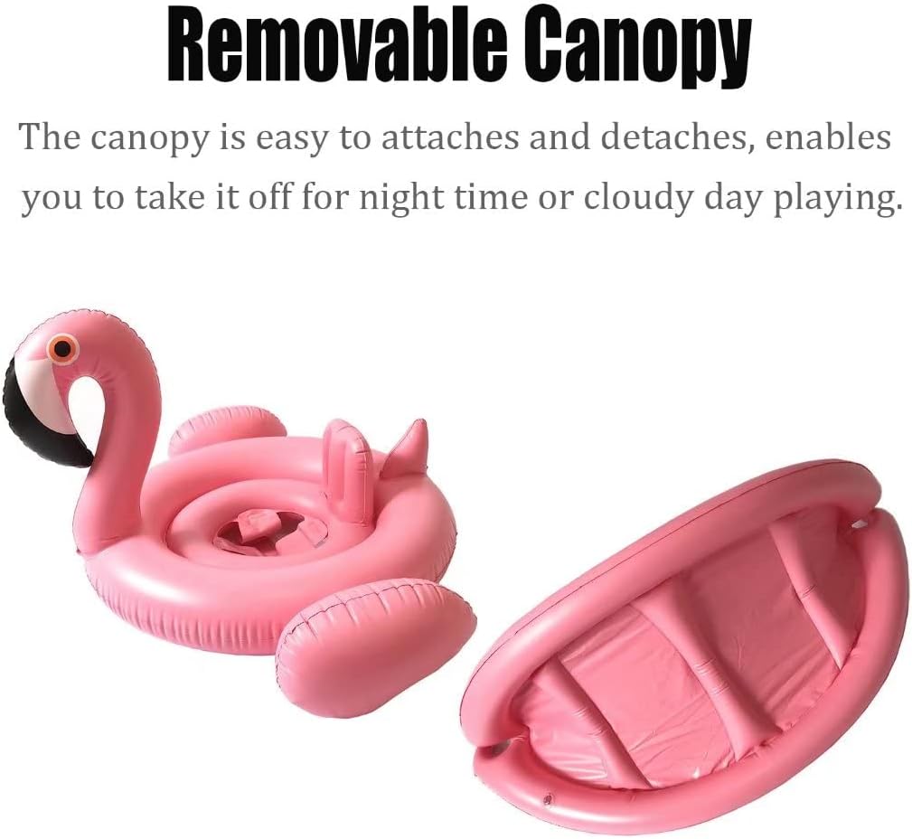 Baby Pool Swim Float with Canopy Inflatable Outdoor Swimming Ring Seat, Pink Flamingo Kids Infant Toddler from 6 Months to 48 Months