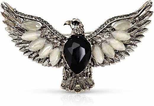 Eagle Brooch Pin, Silver Tone Bird Design, Black Stone and White Crystal Wings, Blazer Lapel Pin, Fashion Jewelry
