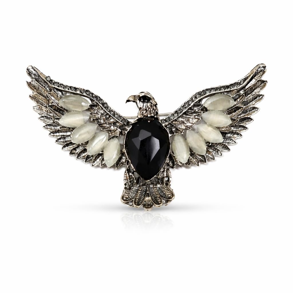Eagle Brooch Pin, Silver Tone Bird Design, Black Stone and White Crystal Wings, Blazer Lapel Pin, Fashion Jewelry - Review, Price and Buying Guide