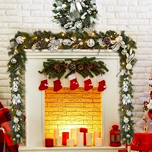 6ft Sliver Christmas Garland with Lights, Lighted Xmas Garland with Stars, Flower, Berry Branches, Pre-Lit Christmas Garland Decorations for Indoor Outdoor Mantal Fireplace Banister Porch Decor