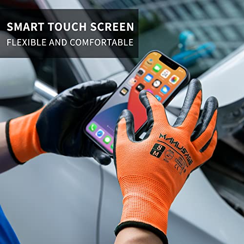 Manusage Safety Work Gloves, Nylon Seamless Knit Glove With Nitrile Palm Coated Smooth Grip, Knit Wrist Cuff (Size L, Orange, 12-Pairs) #TOP2