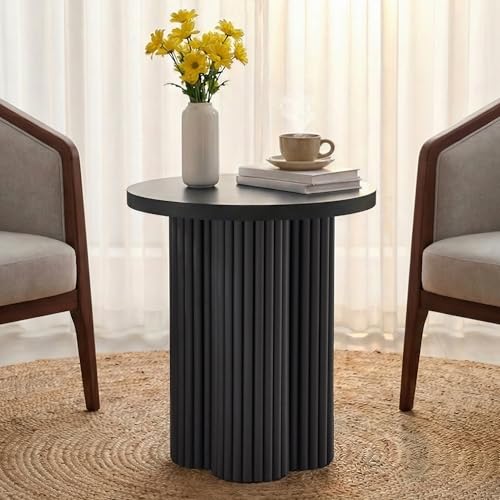 Image of Small Sofa Side Table Set of 2, Fluted Accent Pedestal End Table, Wood Round Night Stand, Farmhouse Bed Side Table Drink Tables for Living Room, Small Spaces (Black-2PCS)