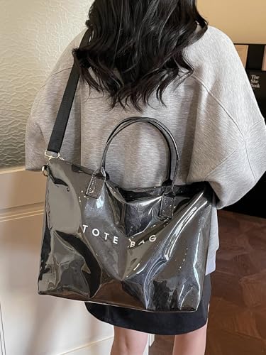 Image of PVC Tote Bag Gifts for Women Large Tote Purse Kraft Paper Letter Print Hobo Handbags for Work Beach Shopping Travel