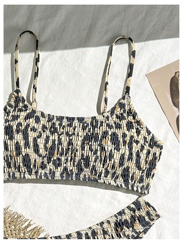 Women's 2 Piece Leopard Print Bikini Sets Smocked High Waisted Cheetah Swimsuit Bathing Suit3