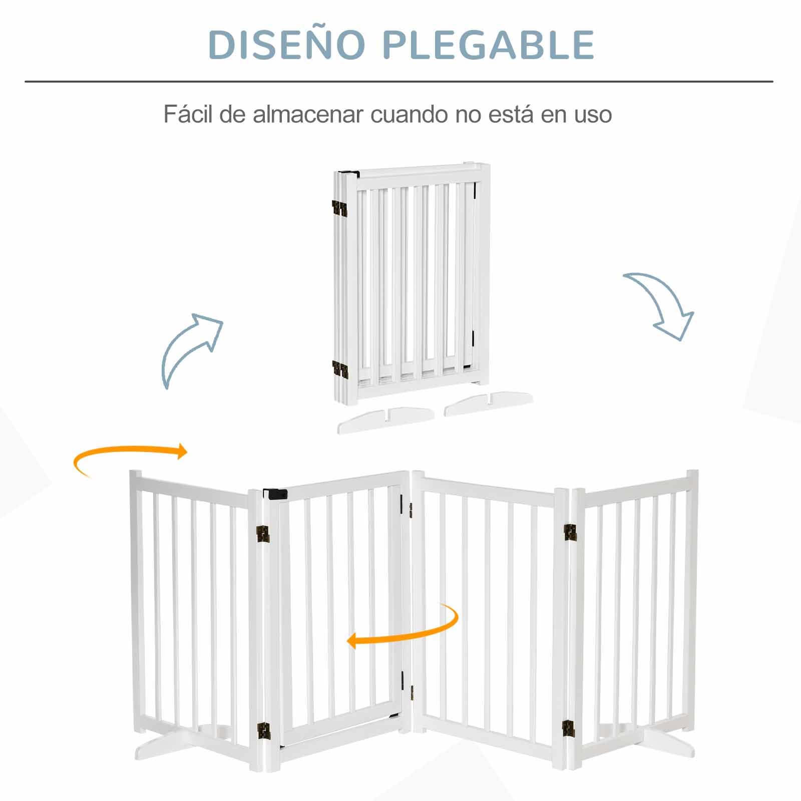 PawHut Barrera para Perros Plegable 4 Paneles Puerta 237,5x36x80 cm Blanco | Valla para Perros Pequeños y Medianos, Barrera de Seguridad de Madera, para Escaleras Pasillos