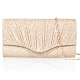 Larcenciel Pochettes et Clutches Femme Champagne, Sac à Main de Soirée à Paillettes Brillant avec Chaîne, Pochette Enveloppe Plissé, Sac Bandoulière Tendance pour Mariage Fête Cocktails Bal, 22x11x5cm