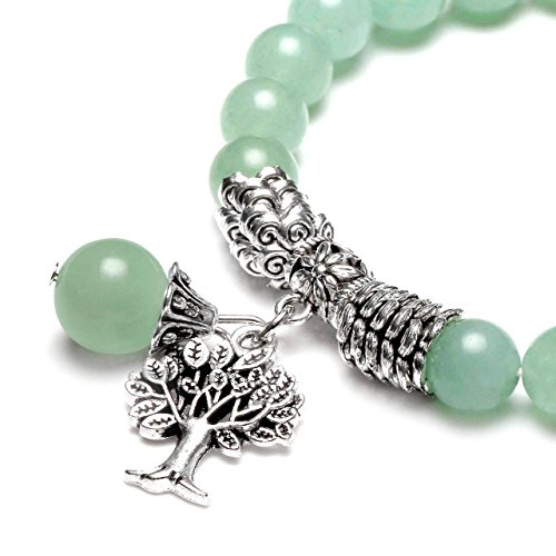 Top Plaza Reiki Healing Crystal Quartz Gemstones Jewelry Angel Wings Carved Stone Pendant Necklace Tree Of Life Charm Stretch Bracelet Set(Green - Aventurine) #TOP2