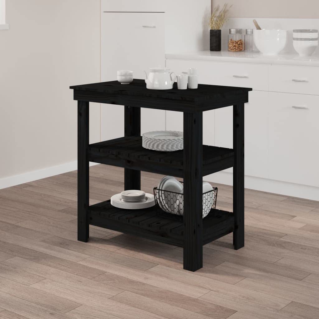 Banco de trabajo de madera de pino maciza, mesa de trabajo con estantes, 78,5 x 50 x 80 cm, resistente banco de trabajo negro para salón