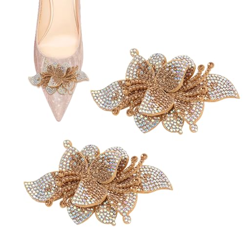 QUUPY 2 piezas de broches de diamantes de imitación dorados con forma de flor para zapatos, con hebilla de metal desmontable, decoración de zapatos para mujeres, para bodas, fiestas, vida diaria