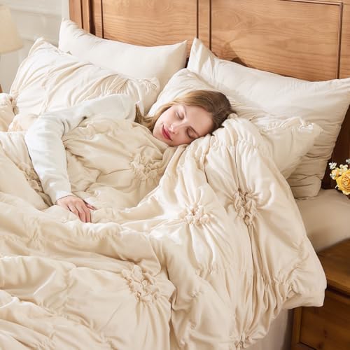 Image of Beige Comforter Set Full Size Bed in A Bag 7 Piece Pinch Pleat Bedding Set,Pintuck Ruched Flowers Bed Set with Comforter, Sheets, Pillowcases & Shams