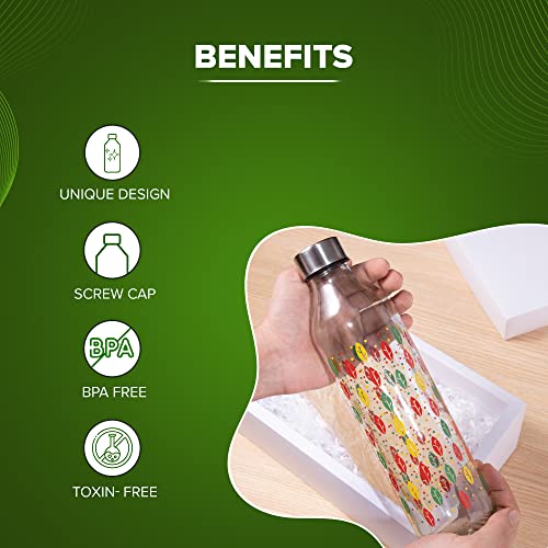 Image of SAND DUNE Set of 6, 800 ml Each Coloured Leaves Printed Glass water bottle, with Leak-Proof Airtight Stainless-Steel Lid for Water, Smoothie, Juices - Reusable Travel Glass Drinking Fridge Bottles