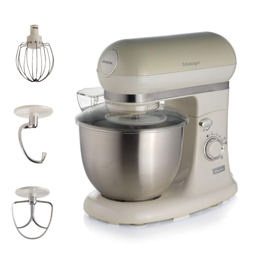 Ariete Pétrin Vintage 1588, Batteur Circulaire Pour Pain, Pizza, Gâteaux Et Pâtisseries, Hob, Fouet à Cœur Et Fouet à Fil Inclus, Capacité de 5,5 Litres, 7 Vitesses + Impulsion, 1200W, Beige