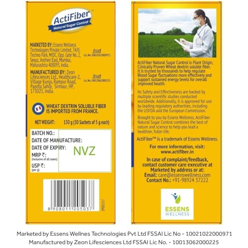 Image of ActiFiber Natural Sugar Control | Food for Special Dietary Use for Diabetes Management | Manage Blood Sugar Fluctuations Better | Clinically Proven | Plant Origin | Easy to Use (150Gms Pack of 2, 60 Sachets)