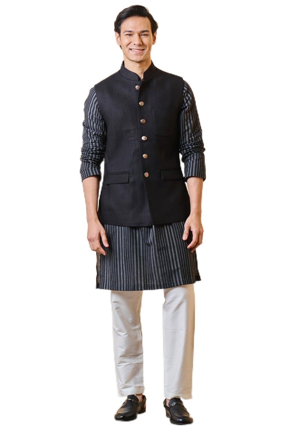 tasva Solid Black Cotton Bundi For Men-picture-53