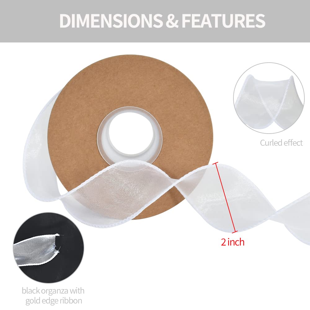 TONIFUL 1-1/2 Inch Wide White Wired Chiffon Ribbon Sheer Organza Ribbons for Crafts Floral Bouquets Wedding Car Party Decorations Valentine's Day Gift Wrapping Bow Making Tree Wreaths Decoration - Image 2