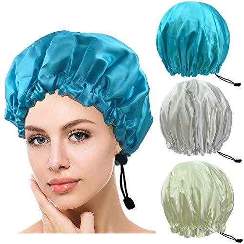 CROWN JOKER 3Pack Shower Cap, Extra Large & Adjustable & Double-Layer Waterproof Hair Cap for Women,Waterproof Exterior & EVA Lining, Oversized Design for All Hair Lengths, Adjustable Hem
