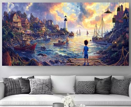 Peinture diamant 5D grand format pour illuminer votre salon avec un paysage marin