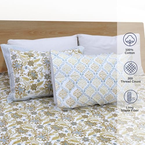 Image of TOAI Hand Block Printed Bedsheet | Bed Spread Flatsheet Bed Sheet | Pure Cotton | King Size 108 inchx108 inch | 300 TC Long Staple Cotton | 2 Reversible Pillow Covers |Autumn Leaves