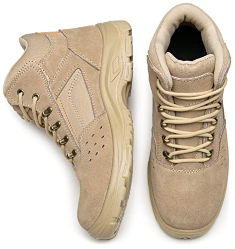 Jousen Men Work Boots Suede Leather Mid Height Waterproof Steel Toe Industrial Construction Mens Boots (Amy8134 Khaki 11.5) #TOP7