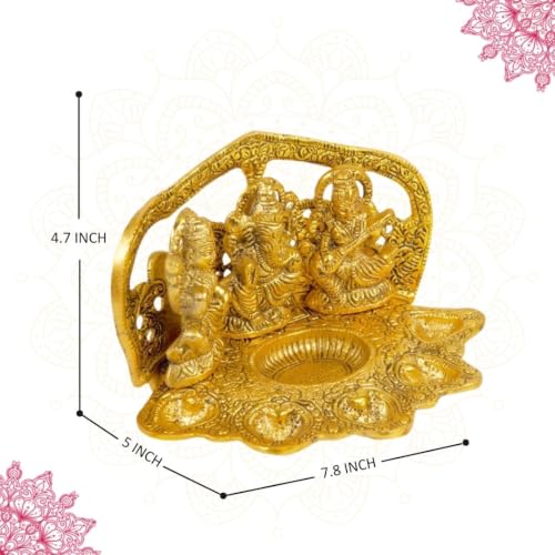 Image of Klassic Laxmi Ganesh Saraswati Idol Diya Oil Lamp | Elegant Metal Puja Deepak for Home Temple, Diwali Puja & Festive Decoration | Traditional Spiritual Showpiece & Gift Item (Pack of 1)