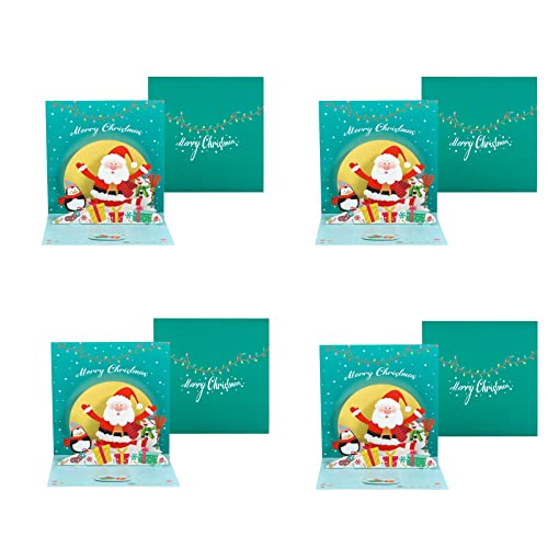 Paper Spiritz 4パック メリークリスマス ポップアップカード 11cm x 11cm 手作り 3D クリスマス グリーティングカード ポップアップ クリスマスカード 封筒付き クリスマス ホリデー グリーン
