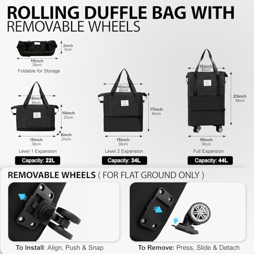 Rolling Duffle Bag with Wheels, Expandable Carry On Travel Bag for Airplanes 22L-44L, Detachable 360° Spinner Wheels, Foldable Weekender Bag for Men Women, Waterproof Nylon with Tr image 1