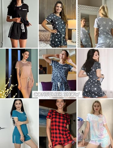 Image of Ekouaer Pajama Set for Women 2 Piece Lounge Set Short Sleeve Tops and Shorts Soft Sleepwear, Chest Pocket