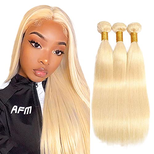 AuokMar Blonde Human Hair Bundles 613 Honey Blonde Bundles Straight 3 Bundles Brazilian Virgin Remy Hair Weave Human Hair Bundles Straight Hair Extension(26 28 30 Inch)