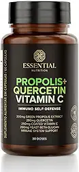 Essential Nutrition Própolis + Quercetina + Vitamina C, 60 Cápsulas, Suplemento para Imunidade com 200mg de Própolis Verde, 280mg Quercetina, 250mg Vitamina C