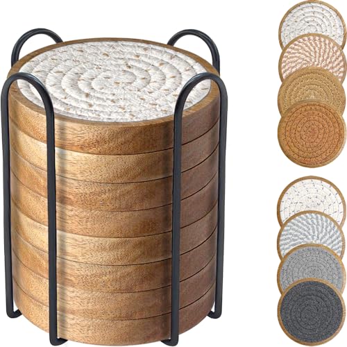 Eykao Coasters for Drinks Absorbent Sets of 8, Woven Coasters with Holder, Wood Coasters for Coffee Table, Housewarming Gift for Farmhouse Home Decor, 4 inches Brown & Gray