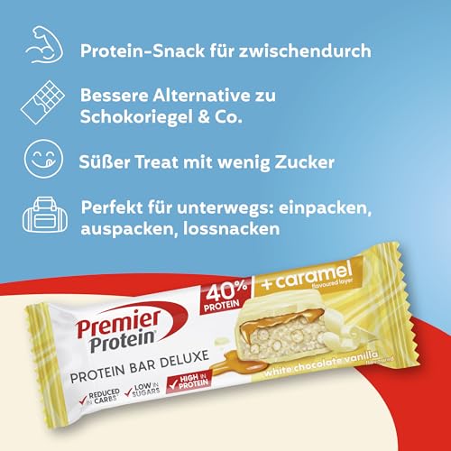 Premier Protein - Protein Bar Deluxe 40% - White Chocolate Vanilla - 12x50g - Low sugar - Low Carb - palmölfrei