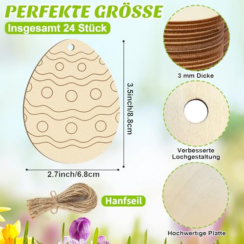 24 Stück Holzanhänger Ostern Basteln Kinde, DIY Unvollendete Ostereier zum Holz Anhänger für Kinder Ostereier