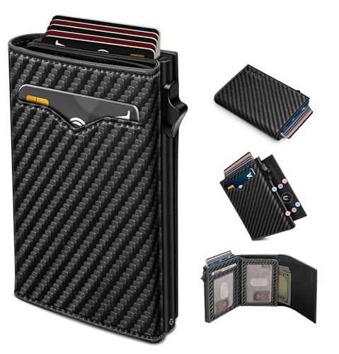 Image of miyozi Wallet for Men,with Cash Pocket 2 ID Window 9-13 Cards,Metal Case Smart Slim Pop Up Credit Card Holder Flip with Magnetic Closure RFID Blocking Trifold wallet with Gift Box