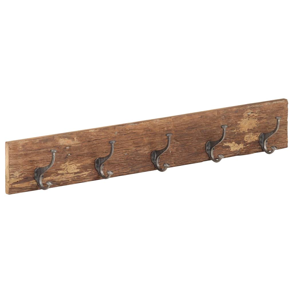 Perchero con 5 ganchos de madera maciza reciclada, 100 x 2,5 x 15 cm, para colgar en la pared, diseño rústico, accesorio de hogar sostenible, almacenamiento robusto