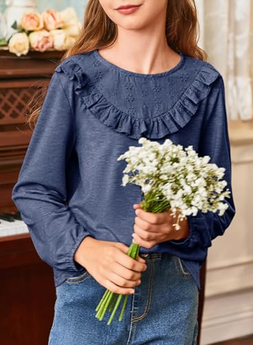 Girls Cute Shirts Lace Embroidered Long Sleeve Tops 2025 Fall Fashion Knit Crewneck Blouses 6-13 Years4
