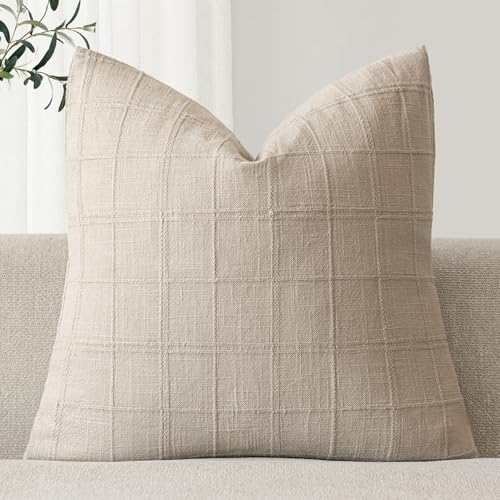 Image of Foindtower Set of 1 Decorative Linen Check Throw Pillow Cover Neutral Farmhouse Vintage Cushion Cover Modern Boho Home Decor for Sofa Chair Couch Bedroom Living Room,20x20 Inch,Natural Linen