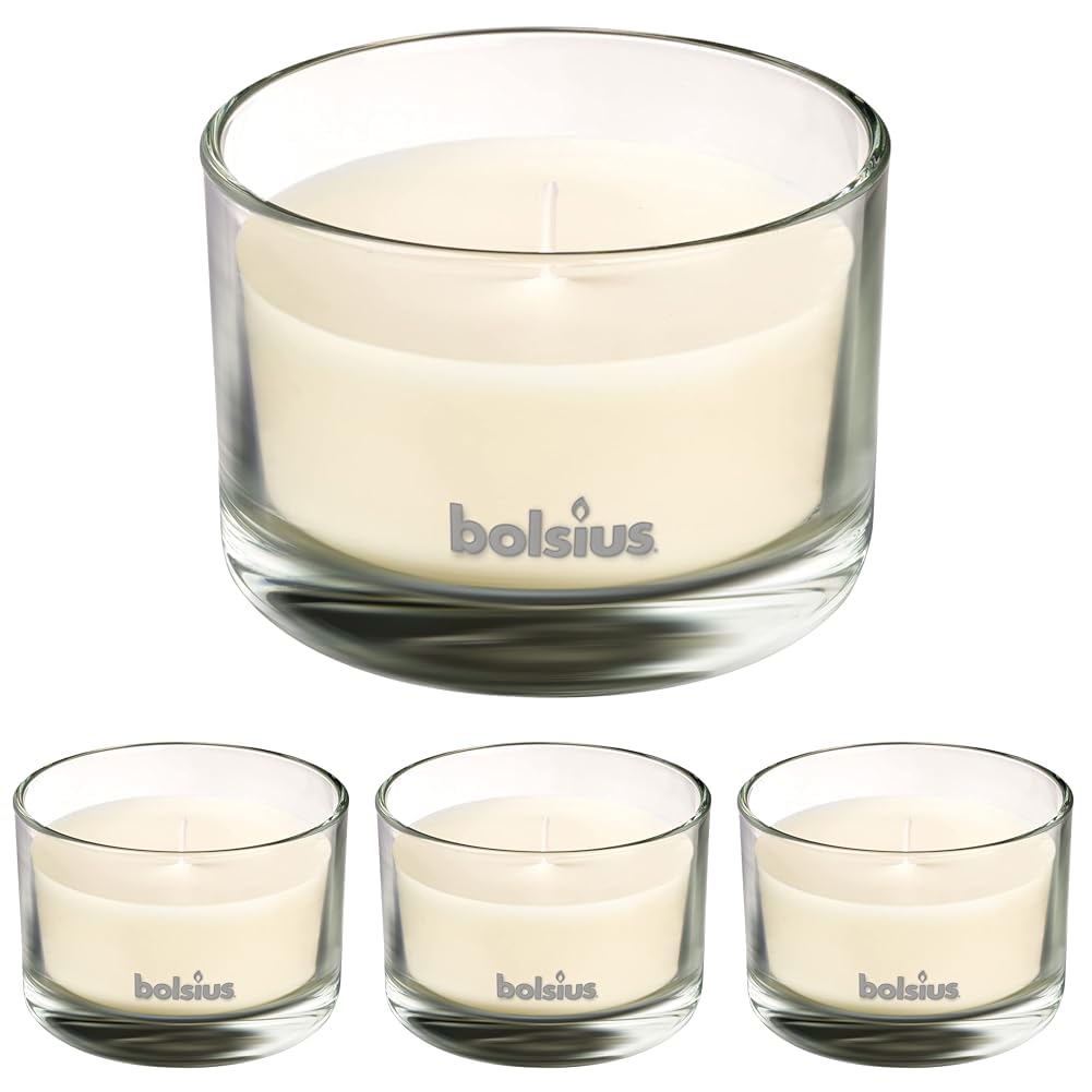 bolsius Duftkerze im Glas, mittelgroß, Vanille, Wachs, Weiß TRUE MOODS & TRUE SCENTS m (Packung mit 4)