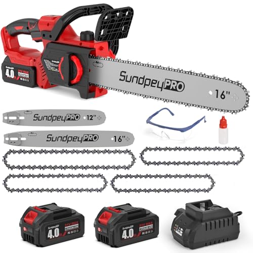 SundpeyPRO Bürstenlose Akku Kettensäge, 12 & 16 Zoll Elektro Kettensäge mit 2 Führungsschiene, 2 x 4,0-Ah-Akku, 4 Ketten, Werkzeuglosem Spanner und Kettenbremse, für Schneiden Beschneiden von Bäumen