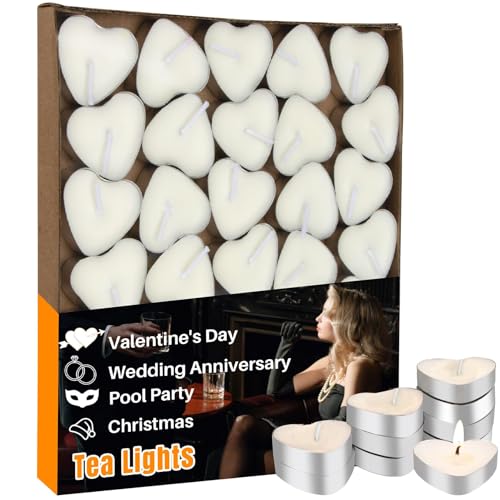 MAQIHAN 30 Pcs Heart Shaped Tealight Candles - Unscented White Soy Lights
