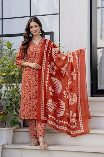 Image of Rangnavi Women's Pure Cotton Printed Straight Kurta with Pants and Dupatta Set | Ethnic Set | Suit Set | Kurta Set