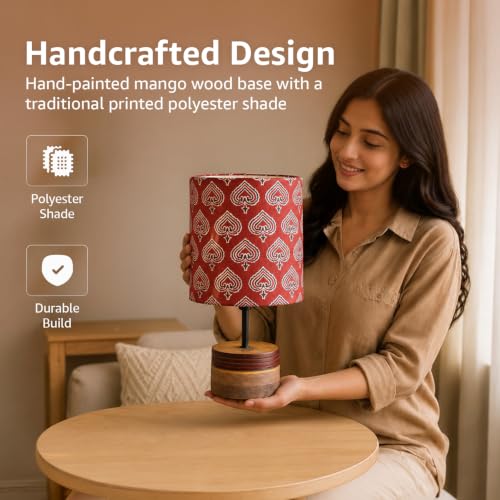 Image of Amazon Basics Phulwari Crimson Table Lamp | Hand-Painted Mango Wood Base with Printed Polyester Shade | E14 Holder | Decorative Night Lamp for Bedroom, Living Room & Study Room | Home Decor Gift