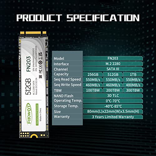 Fikwot Fn203 512Gb M.2 Sata Ssd - Slc Cache 3D Nand Tlc Sata Iii 6Gb/S M.2 2280 Ngff Internal Solid State Drive, Up To 550Mb/S, Compatible With Ultrabooks, Tablet Computers And Mini Pcs #TOP4