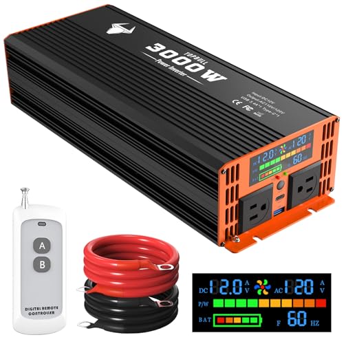 Image of 3000 Watt Power Inverter 12V DC to 120V/110V AC for Vehicles RV, Truck, Solar, Home, Off-Grid Car Converter Surge 6000W with 2 AC Outlet, USB-A Port, LCD Display, Remote Control and Cable Included