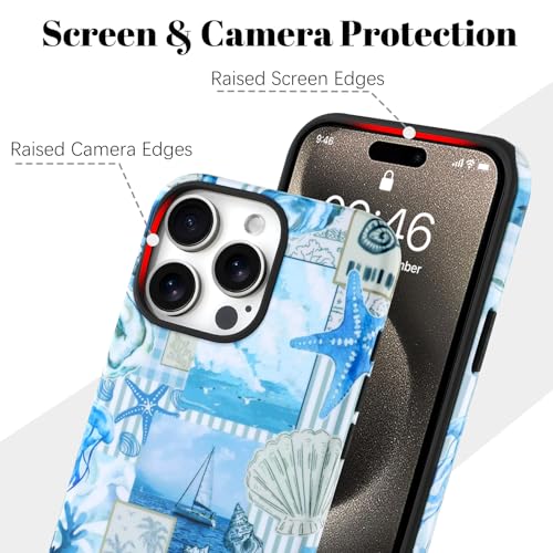Image of Magnetic for iPhone 15 Pro Max Case [Compatible with Magsafe] Seashell Ocean Whale Collage Design, Full Body 2 in 1 Shockproof Scratch Resistant Protective Cover for Women Girl