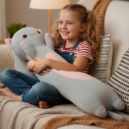 Image of Long Cat Plush Toy - Ultra Soft Cat Plush Pillow Stuffed Animal for Kids & Adults, Kawaii Kitty Body Pillow, Cute Plushie Gift for Kids Girlfriend (Gray, Round Eyes, 60cm /23.62inch)