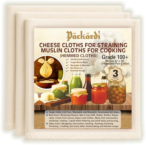Grade 100+ PACKARDI Cheesecloth Pack of 3 Muslin Cloths for Cooking 50x50 cm Reusable and Washable Cheese Cloths for Straining 100% Unbleached Pure Cotton Cloth Ultra-Fine Cheese Cloth for Baking